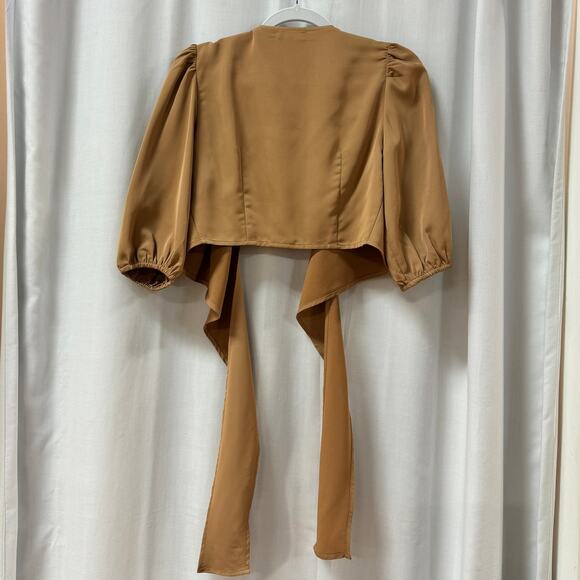 Pretty Lavish Jamie Crop Tie Knot Blouse & Wide Leg Trouser Pants Set Tan US 4 - Picture 10 of 15